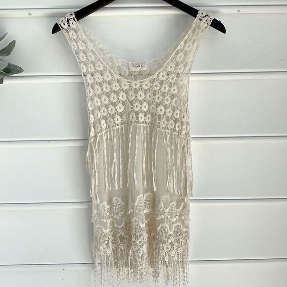 Boho Style Sheer‎ Mesh Lace Fringe Cover Up Tank Cream Small - Picture 1 of 7